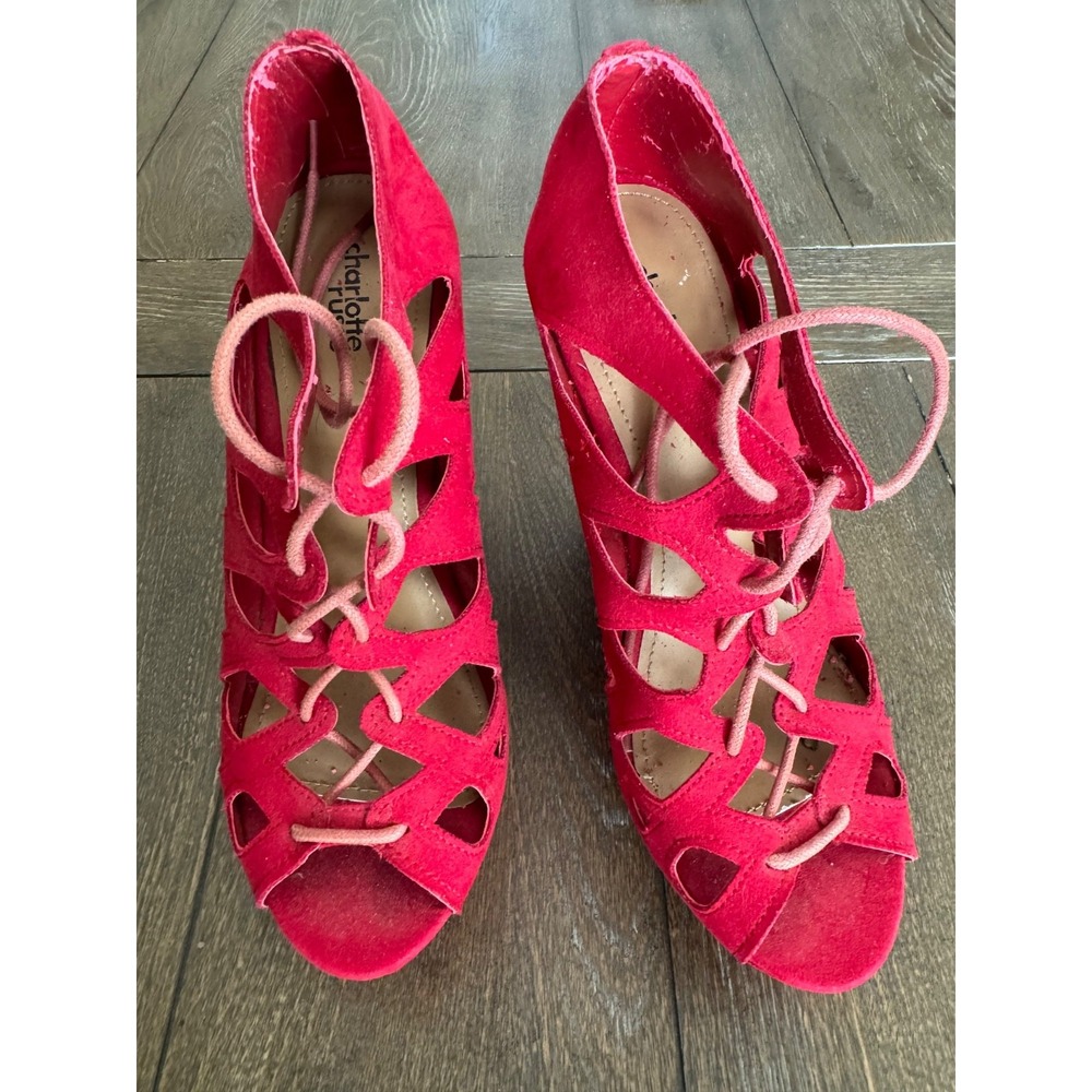 Charlotte Russe Red Lace Up Cutout Platform Heels Women Size 8 Peep Toe 3228